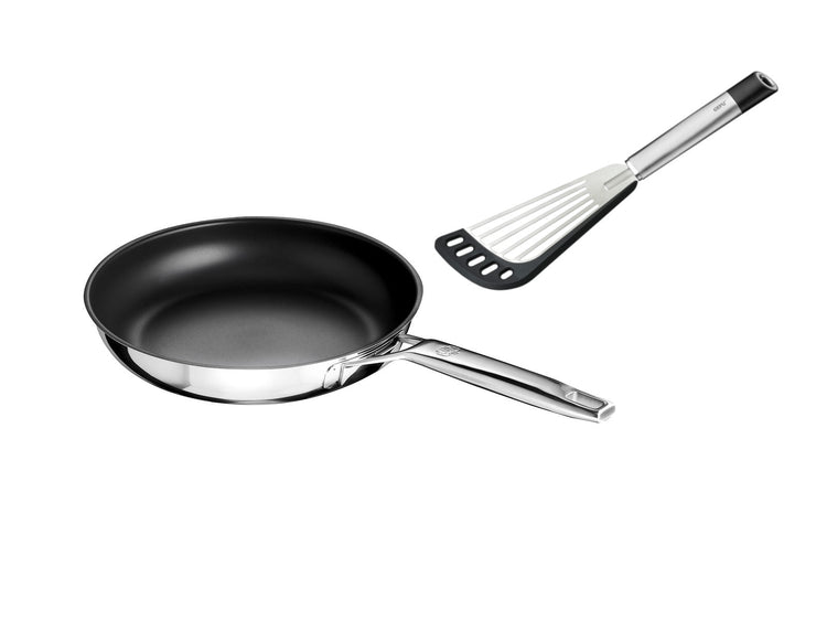 Beschichtete Pfanne und Pfannenwender mit Silikonlippe