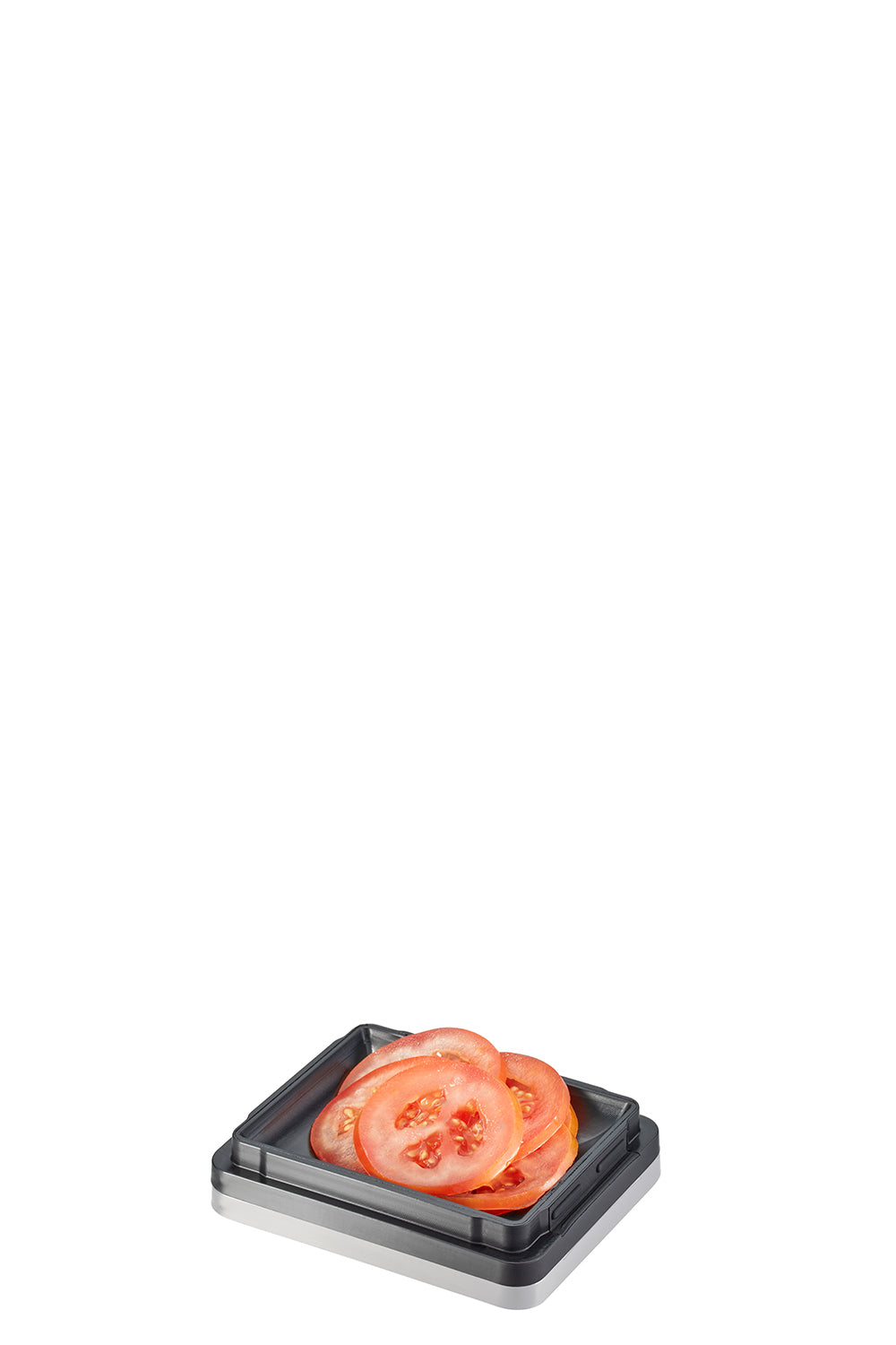 Auffangbehälter mit Tomaten der Vierkantreibe V-CUT von GEFU