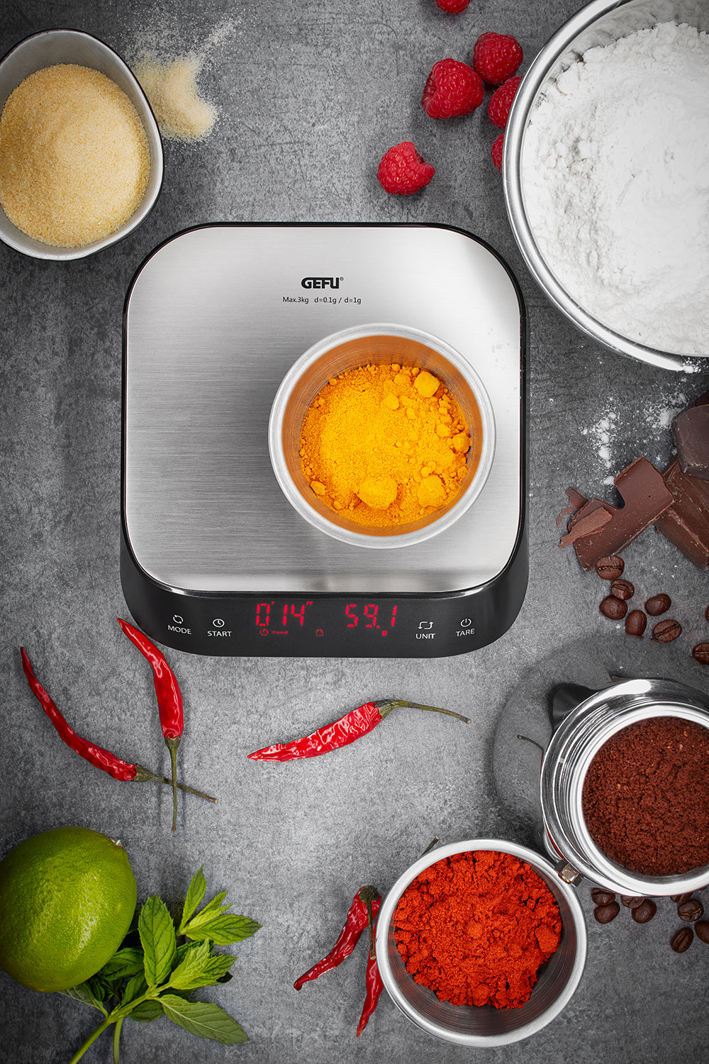 Curry auf der Fein- und Küchenwaage PREZISO von GEFU wiegen