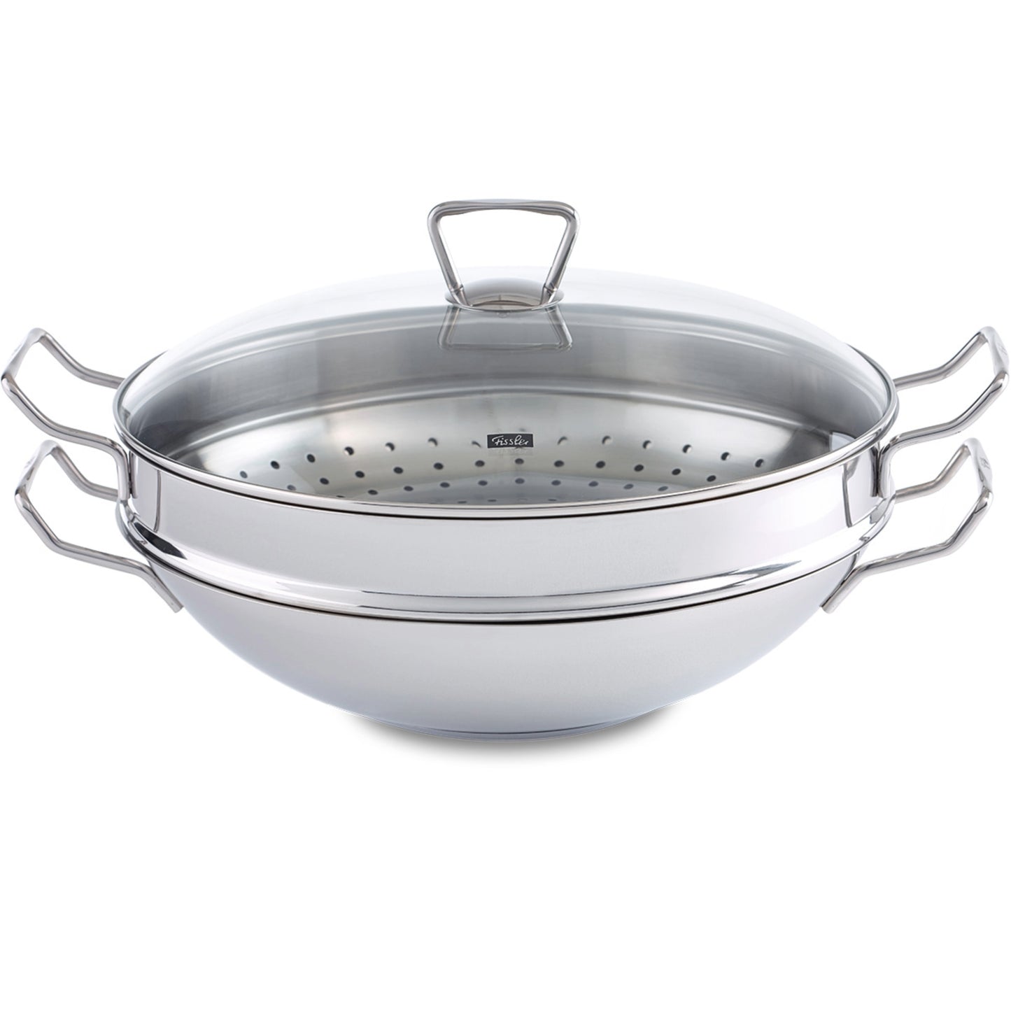 Fissler Edelstahl-Wok der Serie Nanjing mit Glasdeckel und Dämpfeinsatz