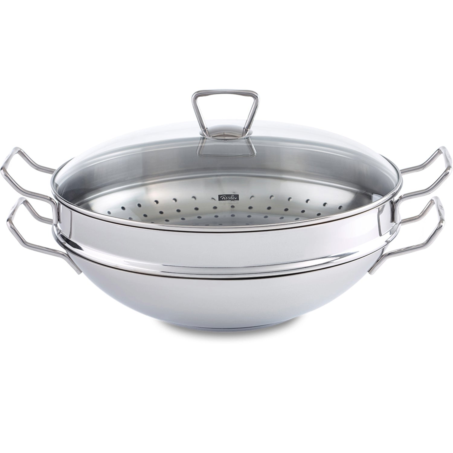 Fissler Edelstahl-Wok der Serie Nanjing mit Glasdeckel und Dämpfeinsatz