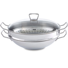 Fissler Edelstahl-Wok der Serie Nanjing mit Glasdeckel und Dämpfeinsatz