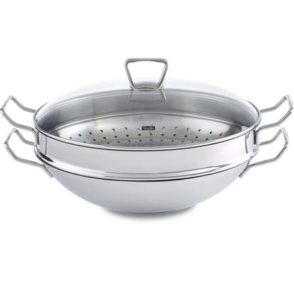 Fissler Edelstahl-Wok der Serie Nanjing mit Glasdeckel und Dämpfeinsatz