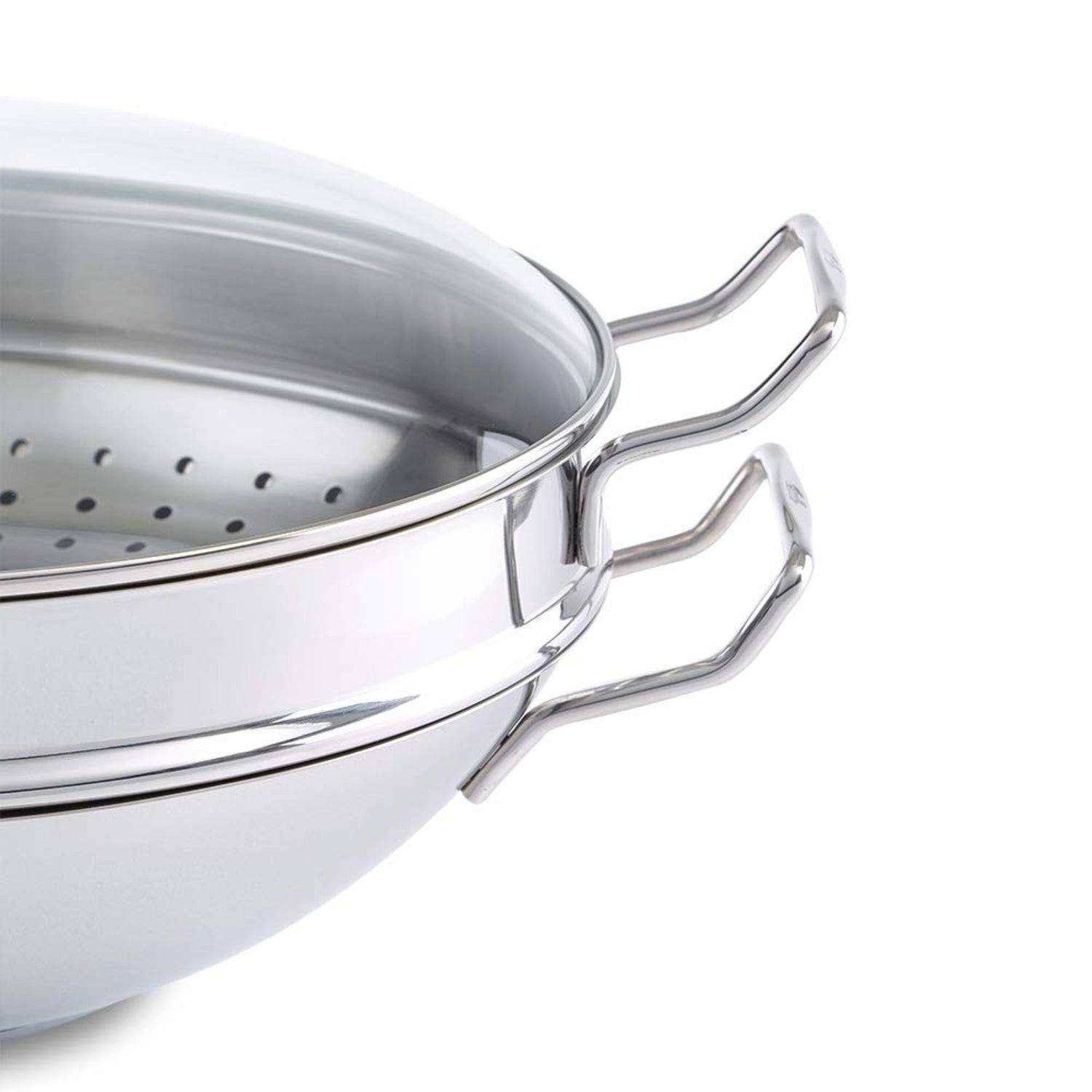 Edelstahl-Wok der Fissler Serie Nanjing mit Glasdeckel und Dämpfeinsatz