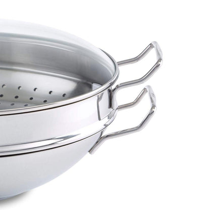 Edelstahl-Wok der Fissler Serie Nanjing mit Glasdeckel und Dämpfeinsatz