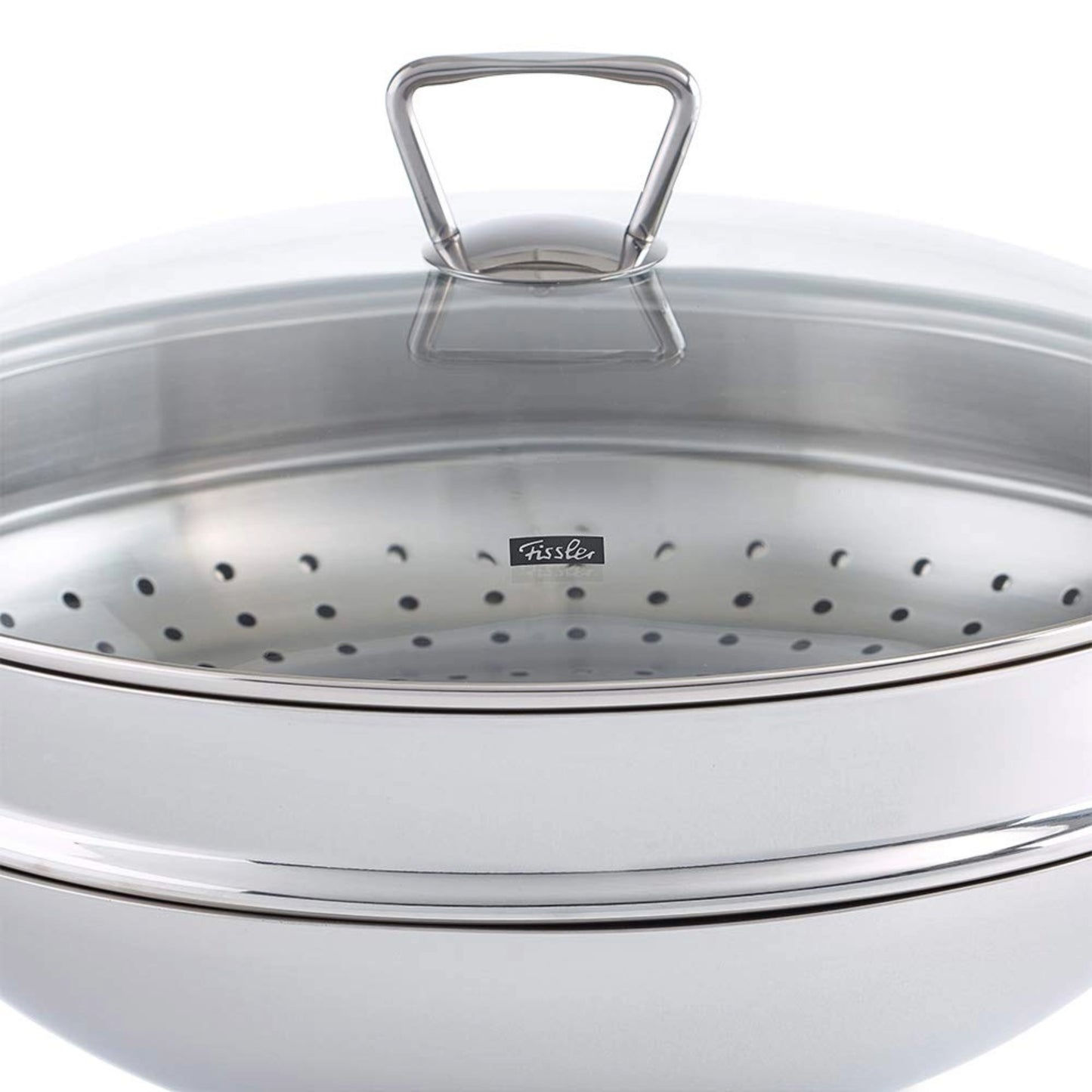 Glasdeckel und Dampfeinsatz vom Edelstahl-Wok der Fissler Serie Nanjing