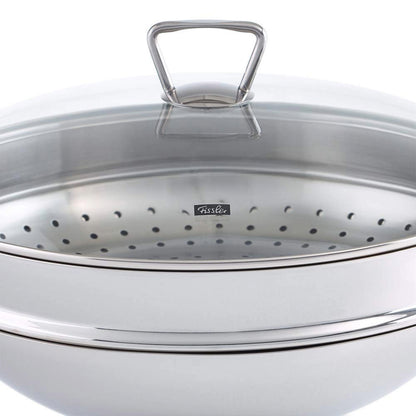 Glasdeckel und Dampfeinsatz vom Edelstahl-Wok der Fissler Serie Nanjing