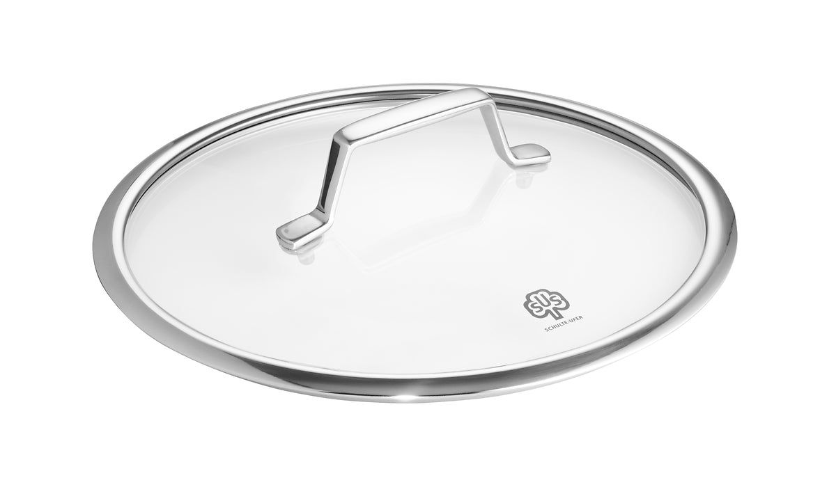 Pfannendeckel Astral mit bruchsicheren Glas, wärmeisolierenden Edelstahlgriff und stabilisierenden Edelstahlrahmen 