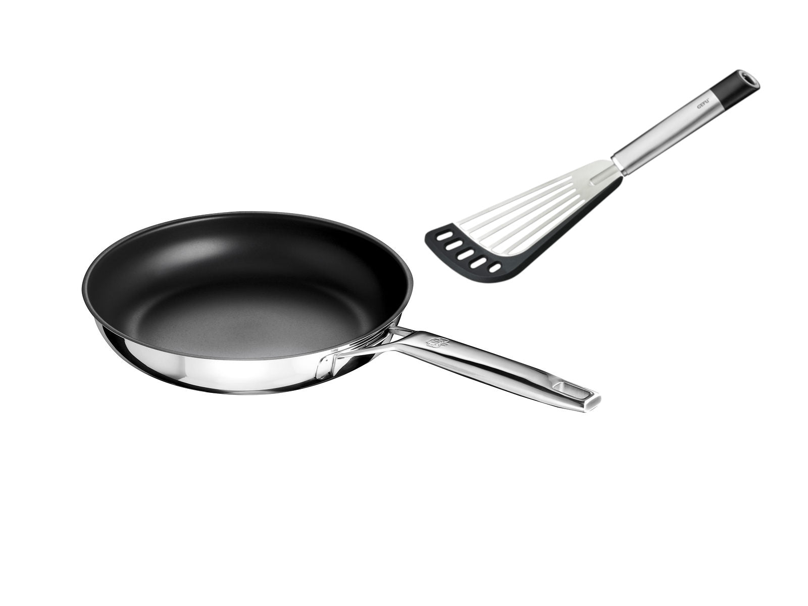 Unbeschichtete Stielpfanne mit Oberflächenstruktur der Schulte-Ufer Serie Astral mit 28 cm Durchmesser und Pfannenwender der GEFU Serie Primeline